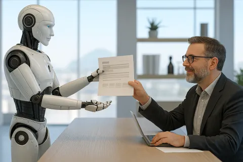 Robot handing a document to a businessman across a table in a modern office setting with large windows.