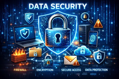 Digital padlock with shield, laptop, smartphone, firewall, cloud, and security icons illustrating data security concepts.