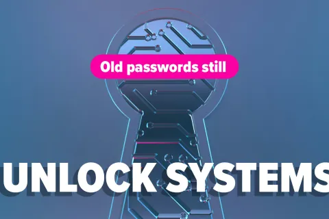 Keyhole with circuit design and text highlighting old passwords that still unlock systems in white and pink.