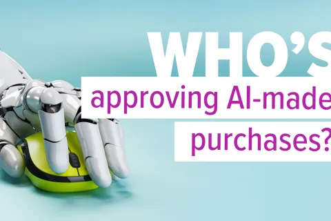 Robot hand clicking a computer mouse with text about approving AI-made purchases on blue background.