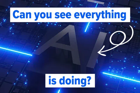 Blue digital circuit background with glowing lights and text asking if you can see everything AI is doing.