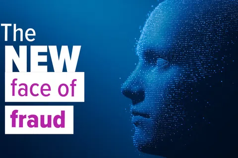 Digital blue human face composed of dots with text The new face of fraud on dark background.