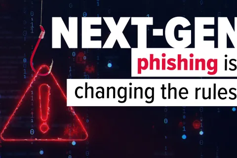 Digital red fishing hook and warning sign with text about next-gen phishing changing cyber security rules.