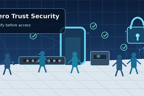Illustration of Zero Trust Security with people verifying identity before access under a secure lock and checkmarks.