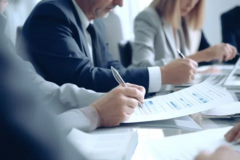 Business professionals reviewing charts and graphs during a meeting at a conference table.