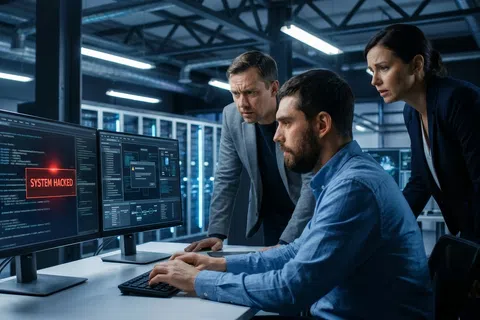 Three professionals analyzing a system hacked alert on dual monitors in a modern data center environment