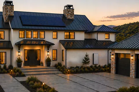 Modern two-story house with solar panels, large driveway, and warm interior lights at sunset in mountainous area.