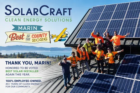 SolarCraft team celebrating on a rooftop with solar panels, awarded Best Solar Installer in Marin County 2026.