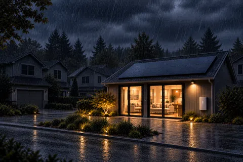 Modern house with solar panels and warm interior lighting on a rainy night in a quiet suburban neighborhood.