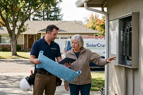 Technician and customer reviewing electrical panel and blueprints outside a suburban home with SolarCraft van in background