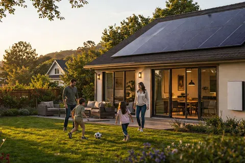 Family playing soccer in backyard of modern home with solar panels on roof during sunset.