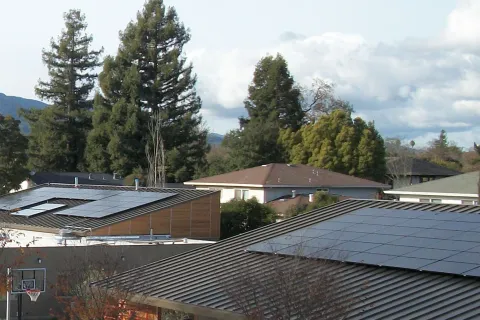 a group of rooftops with trees in the background