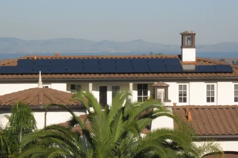 a building with a blue roof
