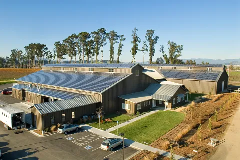 a building with a parking lot