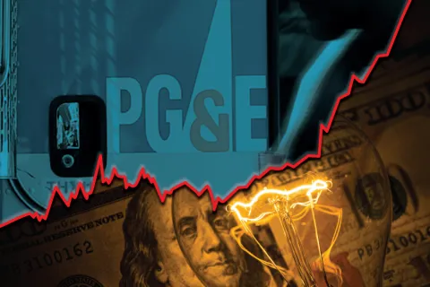 PG&E logo with glowing light bulb, US dollar bills, and a red rising graph line illustrating energy costs and finance.