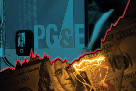 PG&E logo with a rising red financial graph overlaid on dollar bills and a glowing light bulb symbolizing energy costs