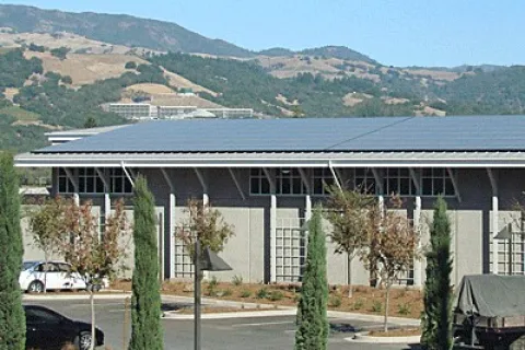 a building with a parking lot