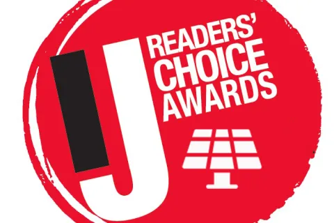 Red circular stamp logo with bold J and text Readers' Choice Awards and a solar panel icon.