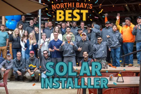 Group photo of diverse team celebrating as North Bay's best solar installer with colorful text overlays.