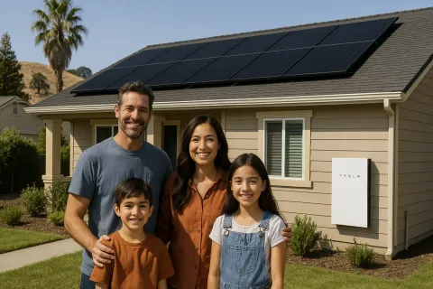 Smiling family of four stands in front of house with solar panels and Tesla powerwall on the wall.
