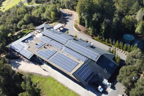 a building with a pool and trees around it