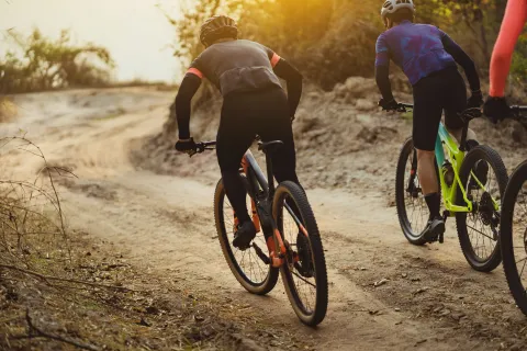 a couple of people riding bikes on a dirt road