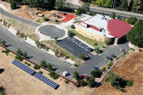 a building with a parking lot