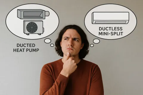 Man in brown sweater thinking about ducted heat pump and ductless mini-split air conditioning options.