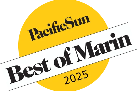 Yellow circle with PacificSun Best of Marin 2025 text in black and white highlighting award recognition.