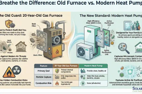 Comparison of old gas furnace and modern heat pump showing air filtration, health benefits, and combustion risks.