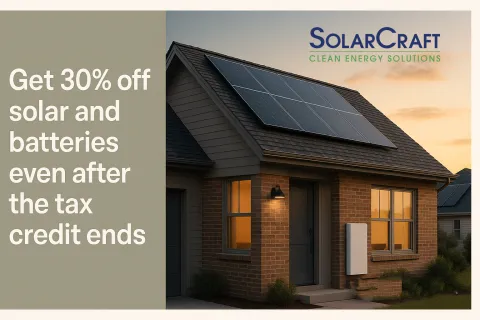 Modern house with solar panels and battery unit, offering 30% off solar energy solutions after tax credit ends.