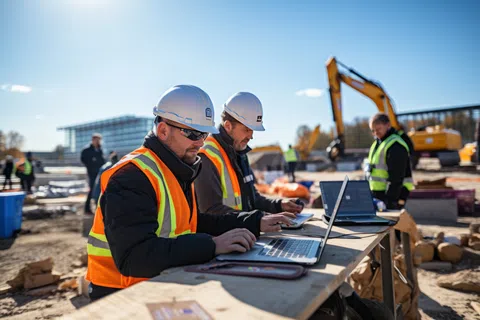 Construction workers in safety vests and helmets using laptops at an outdoor building site with machinery.