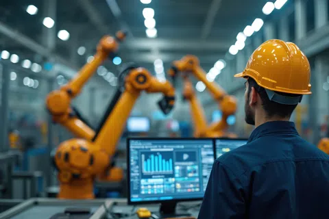 Engineer in hard hat monitors data on screen controlling robotic arms in modern industrial manufacturing facility