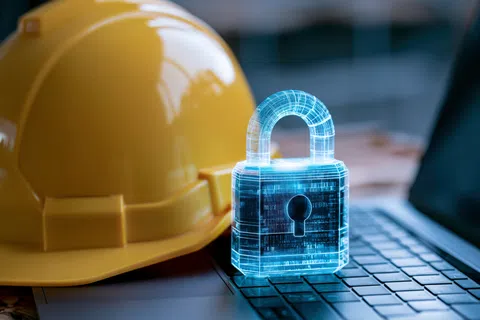 Yellow construction helmet beside a glowing digital padlock on a laptop keyboard symbolizing cybersecurity in construction.