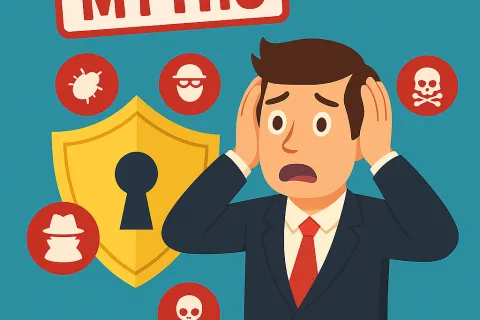 Worried businessman surrounded by cybersecurity myths icons and a yellow shield with keyhole on blue background.