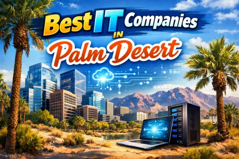 Tech-themed image promoting best IT companies in Palm Desert with cityscape, laptop, server, and palm trees.