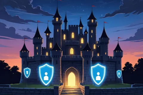 Medieval castle illuminated at dusk with glowing blue security shields representing cybersecurity defense