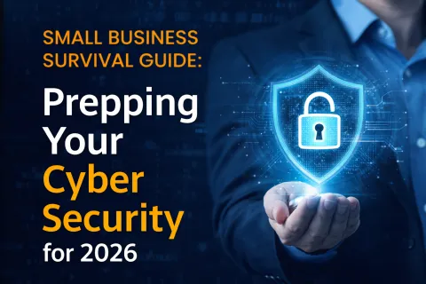 Businessman holding a digital shield with a padlock representing cybersecurity for small business survival in 2026.