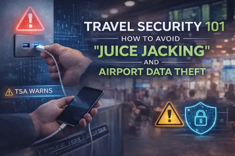 Person plugging phone into airport USB charger warning about juice jacking and airport data theft security risks.