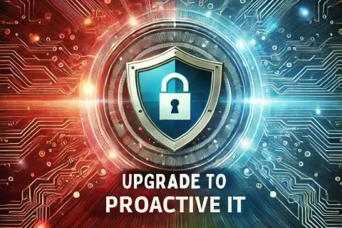 Shield lock icon with digital circuits background and progress bar signaling upgrading to proactive IT security