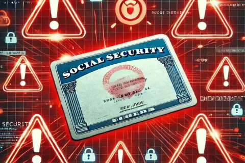 Social Security card surrounded by red warning signs and digital locks indicating a data breach risk.
