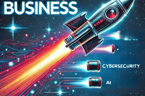 Rocket labeled 2025 launching with business growth themes like cybersecurity, AI, and cloud in space.