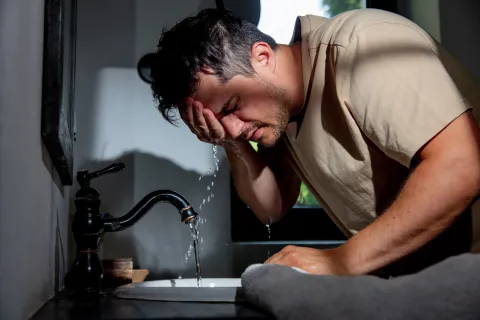 a man sitting in front of a sink with his head in his hand