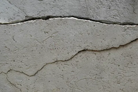 Close-up of a cracked and weathered gray concrete wall showing rough texture and damage.