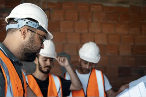 a group of men wearing hardhats and reflectors