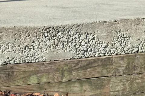 Concrete edge above weathered wooden planks with dry leaves and small green plants below in mulch bed.