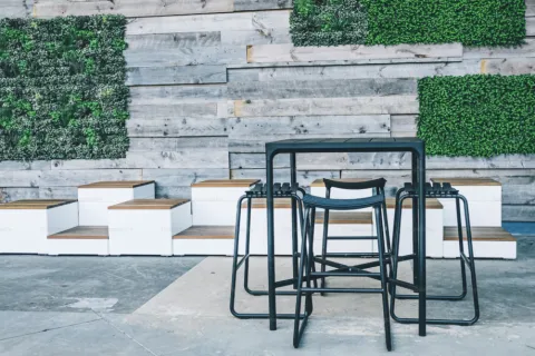 a table and chairs outside