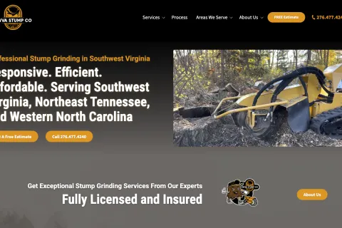 Yellow stump grinding machine removing tree stump in wooded outdoor area during daytime.