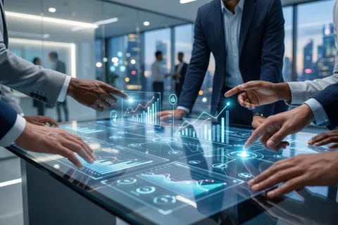Business professionals analyzing digital financial data and charts on a futuristic interactive touchscreen table.
