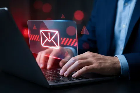 Person typing on laptop with holographic red alert envelope indicating email security threat or warning.